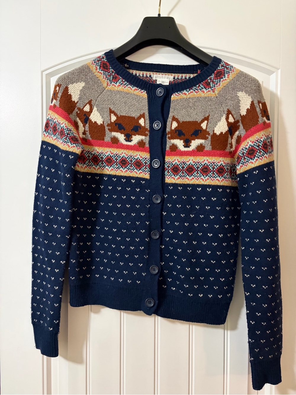 Navy Fox Pattern Button-Front Women's Sweater Cardigan Size Small